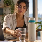 Mulher com blusa preta e camisa cinza sentada à mesa em frente ao notebook, pegando um copo de vidro com água ao lado de uma garrafa Everest.