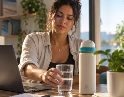 Mulher com blusa preta e camisa cinza sentada à mesa em frente ao notebook, pegando um copo de vidro com água ao lado de uma garrafa Everest.