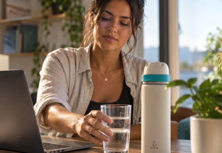 Mulher com blusa preta e camisa cinza sentada à mesa em frente ao notebook, pegando um copo de vidro com água ao lado de uma garrafa Everest.