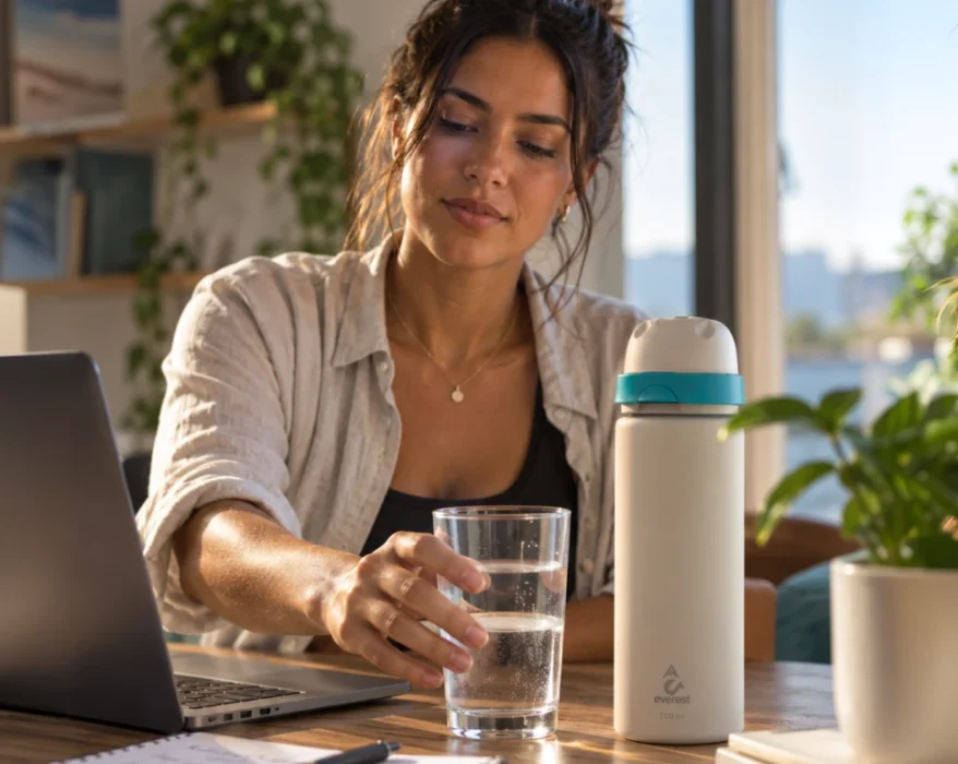 Mulher com blusa preta e camisa cinza sentada à mesa em frente ao notebook, pegando um copo de vidro com água ao lado de uma garrafa Everest.