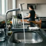 Torneira moderna com água potável correndo em cozinha clara, com pessoa ao fundo desfocada.