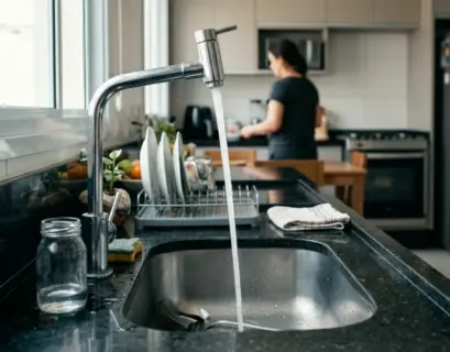 Torneira moderna com água potável correndo em cozinha clara, com pessoa ao fundo desfocada.