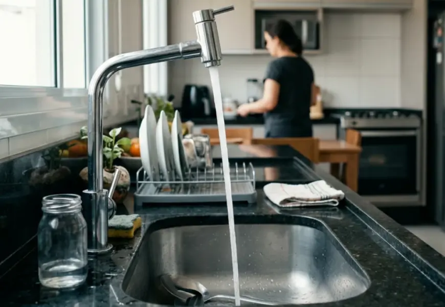 Torneira moderna com água potável correndo em cozinha clara, com pessoa ao fundo desfocada.