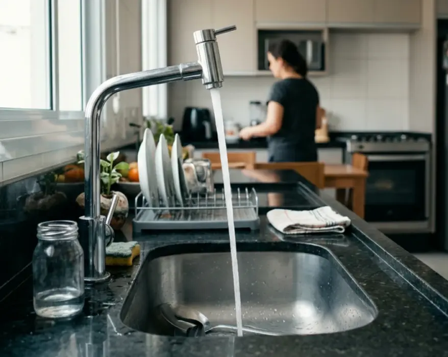 Torneira moderna com água potável correndo em cozinha clara, com pessoa ao fundo desfocada.