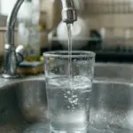 Copo de vidro enchendo com água da torneira em uma pia de inox, representando o hábito que levanta a dúvida se beber água da torneira faz mal.