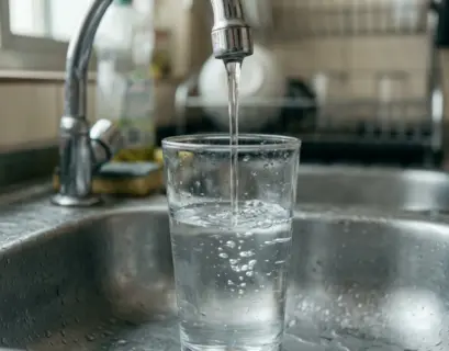 Copo de vidro enchendo com água da torneira em uma pia de inox, representando o hábito que levanta a dúvida se beber água da torneira faz mal.
