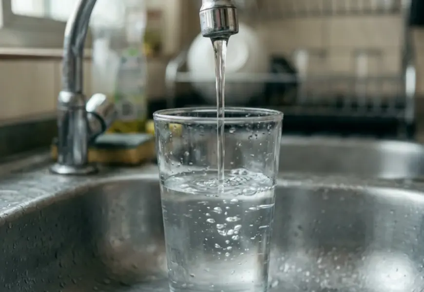 Copo de vidro enchendo com água da torneira em uma pia de inox, representando o hábito que levanta a dúvida se beber água da torneira faz mal.