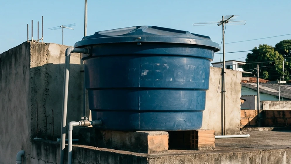Caixa d’água azul em área externa de residência, representando os cuidados com a água potável em casa.