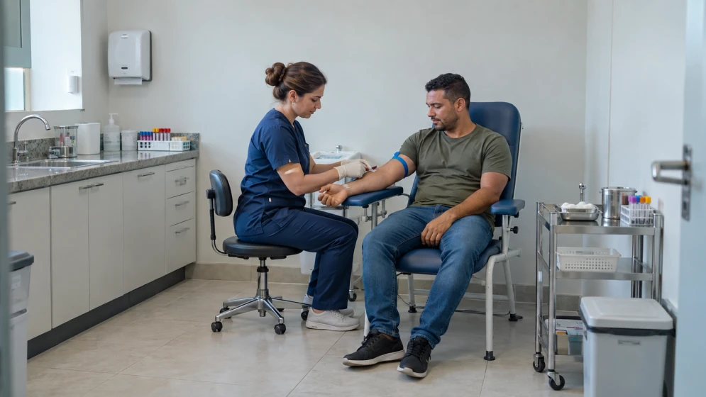 Profissional de saúde com uniforme azul realizando coleta de sangue no braço de um paciente em consultório médico.