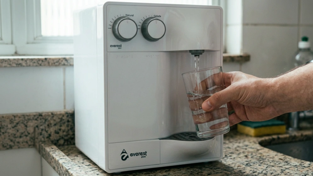 Mão enchendo um copo de água em um purificador branco na cozinha.