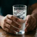 Copo de vidro com água gelada e gelo sobre mesa escura, com gotinhas na parte externa do vidro, sendo segurado pelas mãos de um homem.