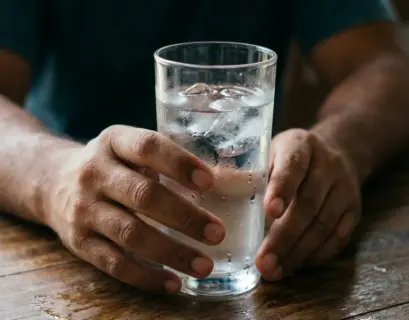 Copo de vidro com água gelada e gelo sobre mesa escura, com gotinhas na parte externa do vidro, sendo segurado pelas mãos de um homem.