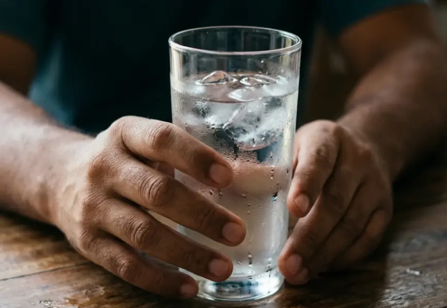 Copo de vidro com água gelada e gelo sobre mesa escura, com gotinhas na parte externa do vidro, sendo segurado pelas mãos de um homem.