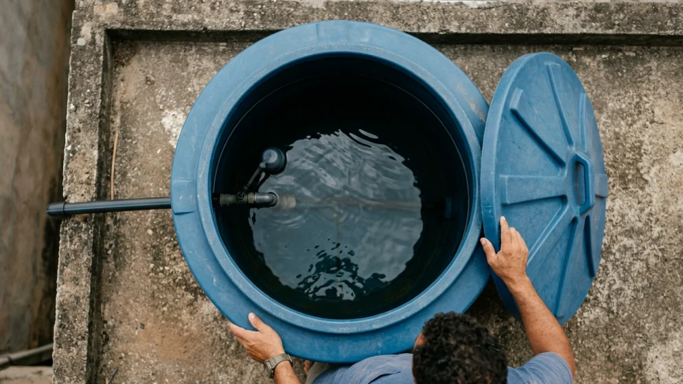 Pessoa abrindo a tampa de uma caixa d’água azul para inspecionar o interior, representando um dos motivos pelos quais beber água da torneira faz mal sem manutenção adequada.