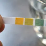 Fita de pH com escala colorida sendo segurada por uma mão ao lado de um copo com água sobre superfície clara.