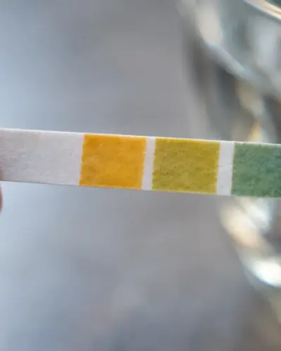 Fita de pH com escala colorida sendo segurada por uma mão ao lado de um copo com água sobre superfície clara.
