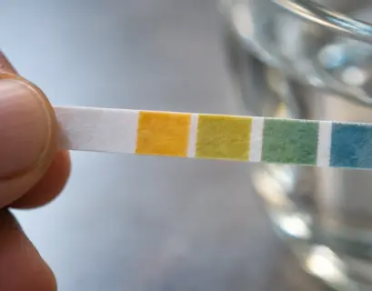 Fita de pH com escala colorida sendo segurada por uma mão ao lado de um copo com água sobre superfície clara.
