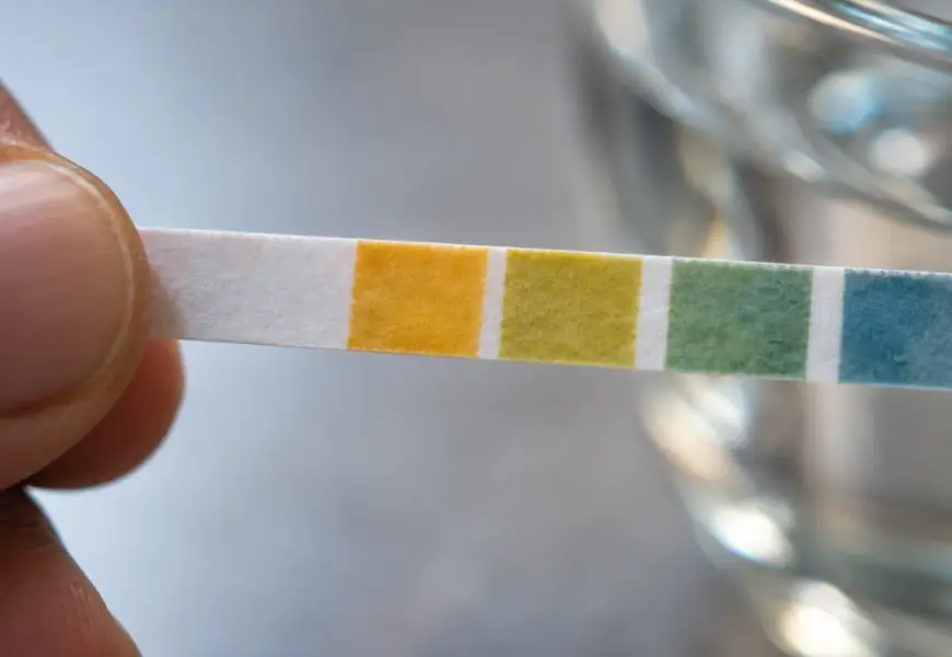 Fita de pH com escala colorida sendo segurada por uma mão ao lado de um copo com água sobre superfície clara.