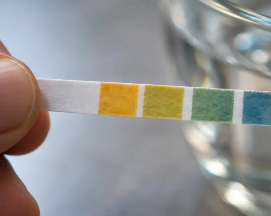 Fita de pH com escala colorida sendo segurada por uma mão ao lado de um copo com água sobre superfície clara.