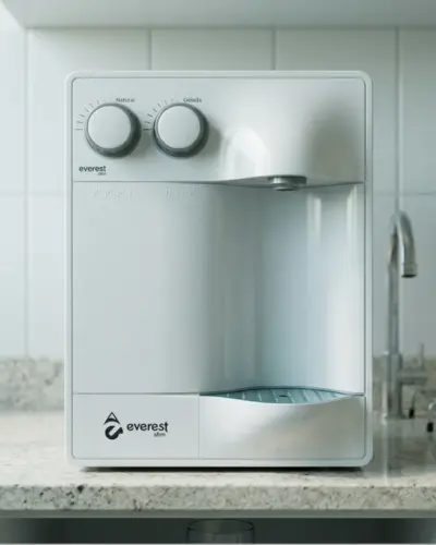 Purificador de água branco Everest com duas torneiras e dois copos de vidro sobre bancada clara, representando um modelo eficiente para economizar energia em casa.