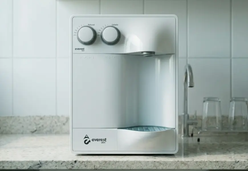 Purificador de água branco Everest com duas torneiras e dois copos de vidro sobre bancada clara, representando um modelo eficiente para economizar energia em casa.