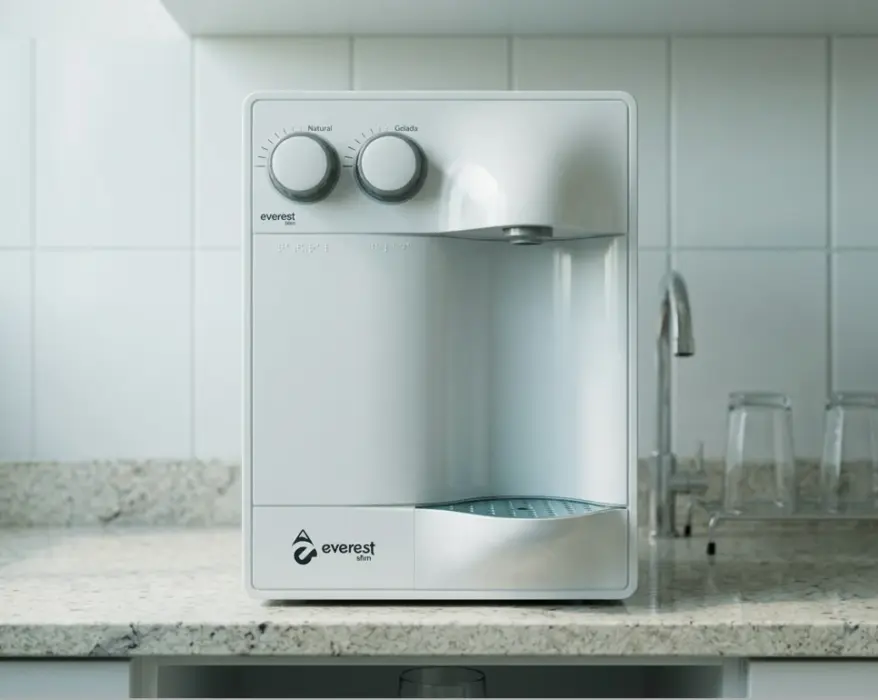 Purificador de água branco Everest com duas torneiras e dois copos de vidro sobre bancada clara, representando um modelo eficiente para economizar energia em casa.