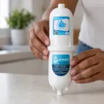 Mãos segurando um refil cilíndrico branco com rótulo azul da marca Everest, representando a peça original recomendada para o purificador.