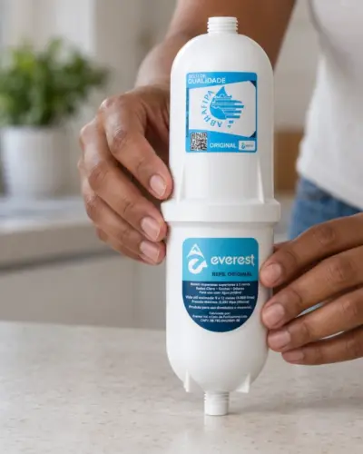 Mãos segurando um refil cilíndrico branco com rótulo azul da marca Everest, representando a peça original recomendada para o purificador.