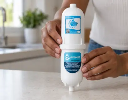 Mãos segurando um refil cilíndrico branco com rótulo azul da marca Everest, representando a peça original recomendada para o purificador.