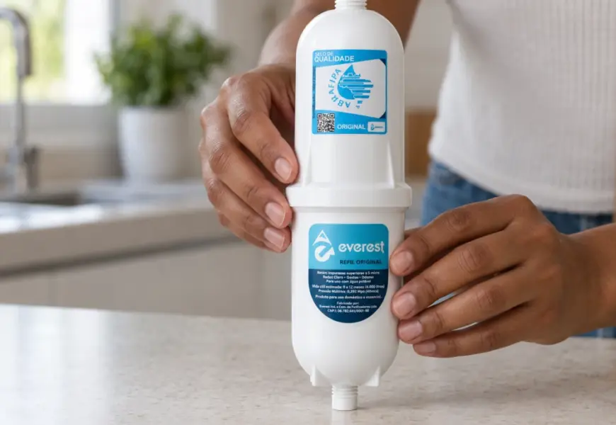 Mãos segurando um refil cilíndrico branco com rótulo azul da marca Everest, representando a peça original recomendada para o purificador.