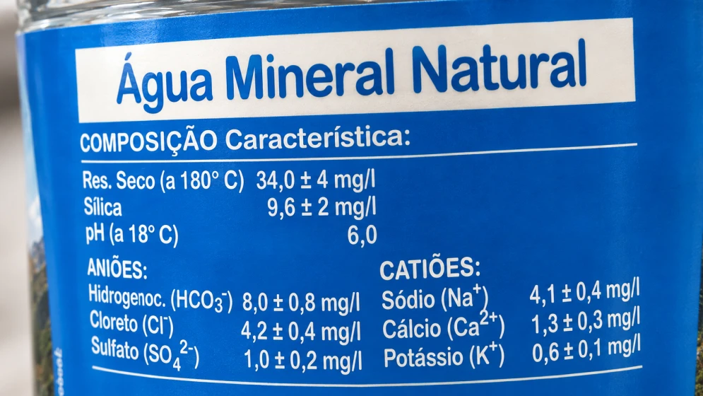 Rótulo azul de garrafa de água mineral com tabela de composição química e valor de pH em destaque.